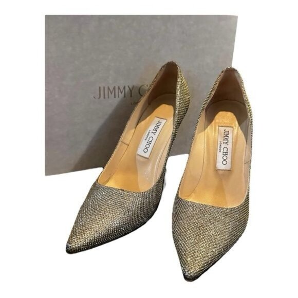 Jimmy Choo ABEL Lame Glitter Gray with Gold Pump Heels Size 6.5 - Picture 5 of 11